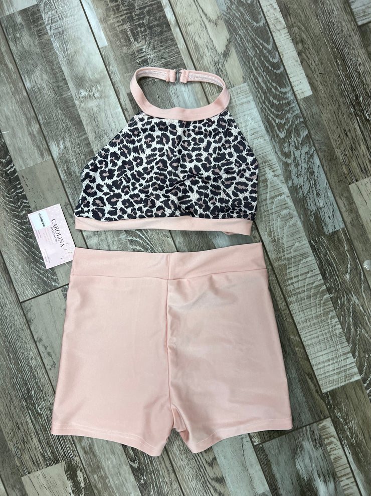 ZoëLaine - Leopard Print Halter Top with blush short set - Child - Final Sale