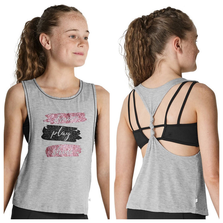Kaia by Bloch - "Dream Play Shine" Printed Glitter Front Knot Back Tank Top - Child (KA047T) - Gray
