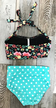 ZoëLaine - Flowers and Polka Dots Top & Brief Set - Child - Black Floral/Blue - Final Sale