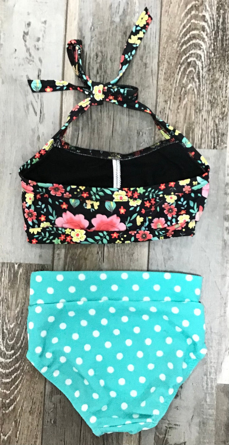 ZoëLaine - Flowers and Polka Dots Top & Brief Set - Child - Black Floral/Blue - Final Sale