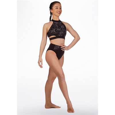 Bloch - Floral Mesh X-Back Long Crop Halter Top - Adult (FT5093) - Black - Final Sale