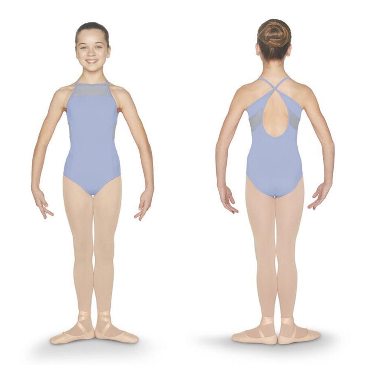 Mirella - Girls Diamante Halter Neck Cross Back Paneled Camisole Leotard - Child (M1224C) - Light Blue