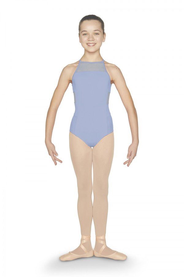 Mirella - Girls Diamante Halter Neck Cross Back Paneled Camisole Leotard - Child (M1224C) - Light Blue
