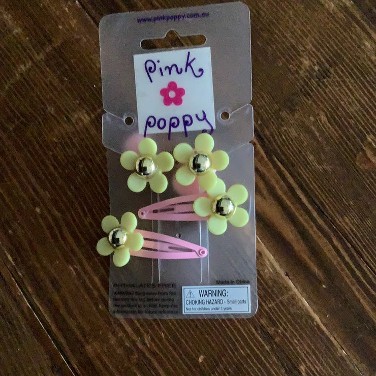 Pink Poppy - Flower Hair Ties and Barrettes - (HDG100) - Yellow/pink
