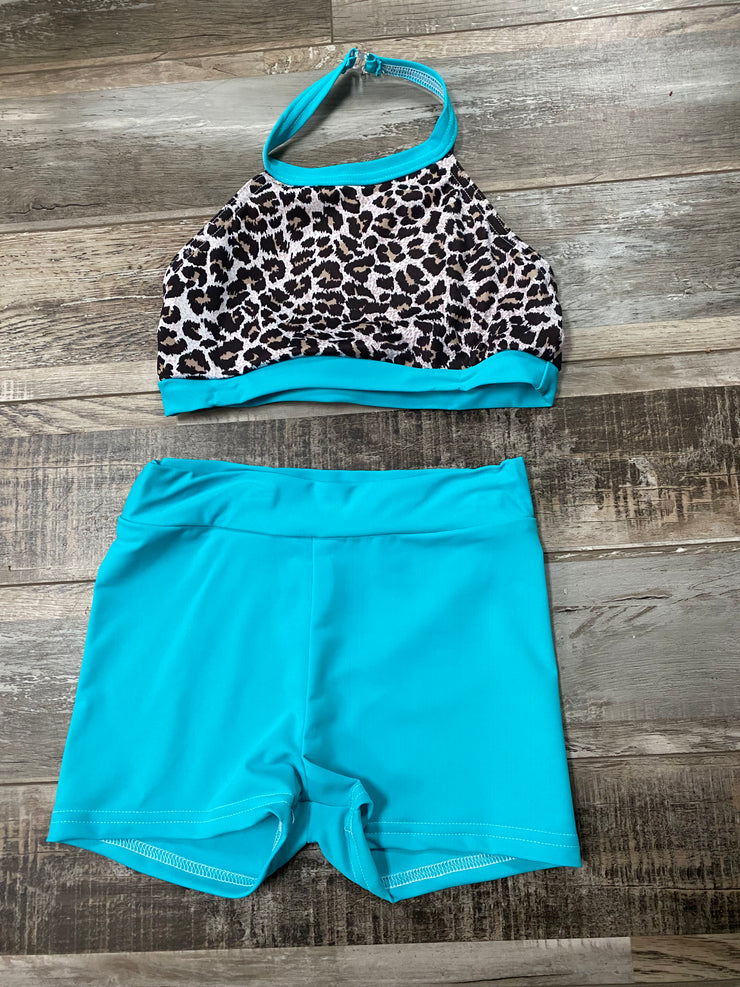 ZoëLaine - Leopard Print Halter and Short Set - Child - Turquoise - Final Sale