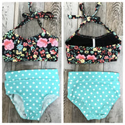 ZoëLaine - Flowers and Polka Dots Top & Brief Set - Child - Black Floral/Blue - Final Sale