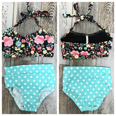 ZoëLaine - Flowers and Polka Dots Top & Brief Set - Child - Black Floral/Blue - Final Sale