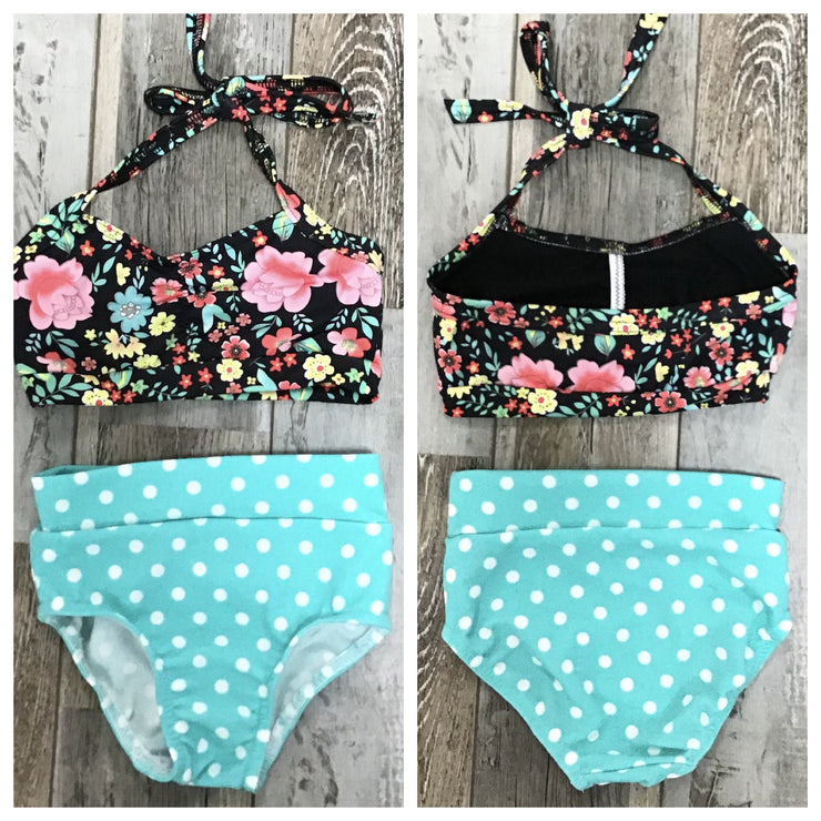 ZoëLaine - Flowers and Polka Dots Top & Brief Set - Child - Black Floral/Blue - Final Sale