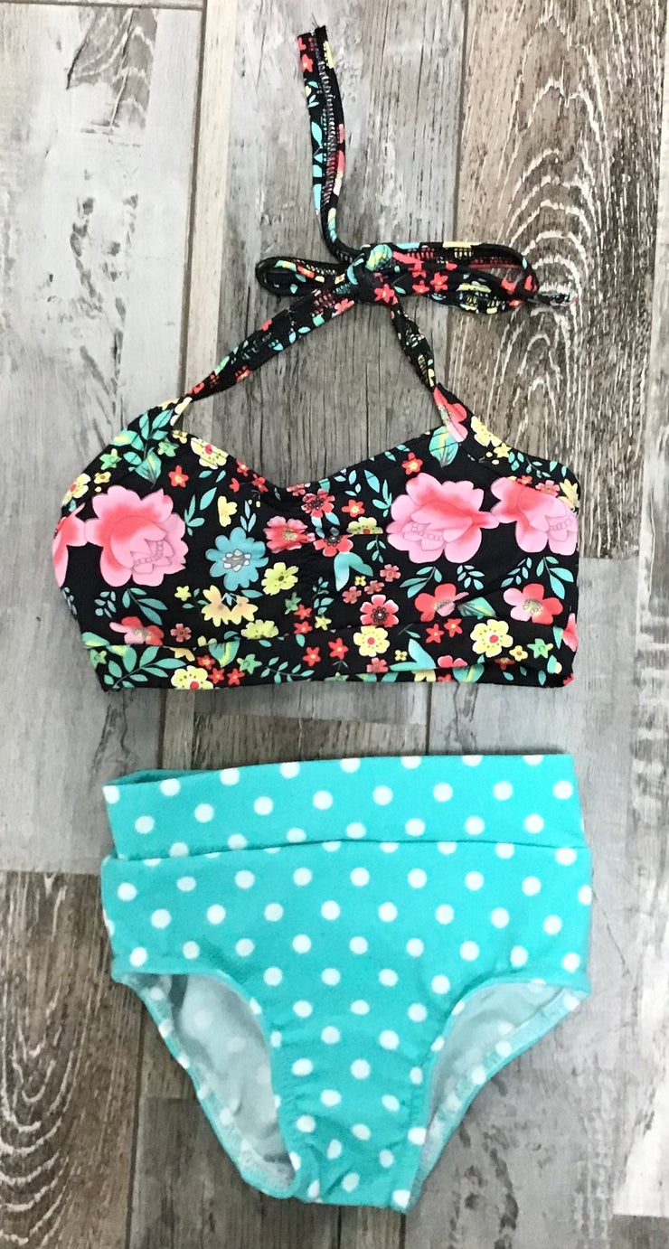 ZoëLaine - Flowers and Polka Dots Top & Brief Set - Child - Black Floral/Blue - Final Sale