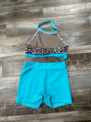 ZoëLaine - Leopard Print Halter and Short Set - Child - Turquoise - Final Sale