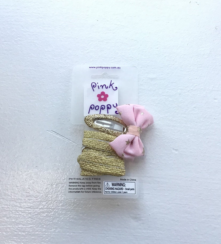 Pink Poppy - Glitter Hair Clip/Hair Tie with Bow - (2355) - Pink/Gold